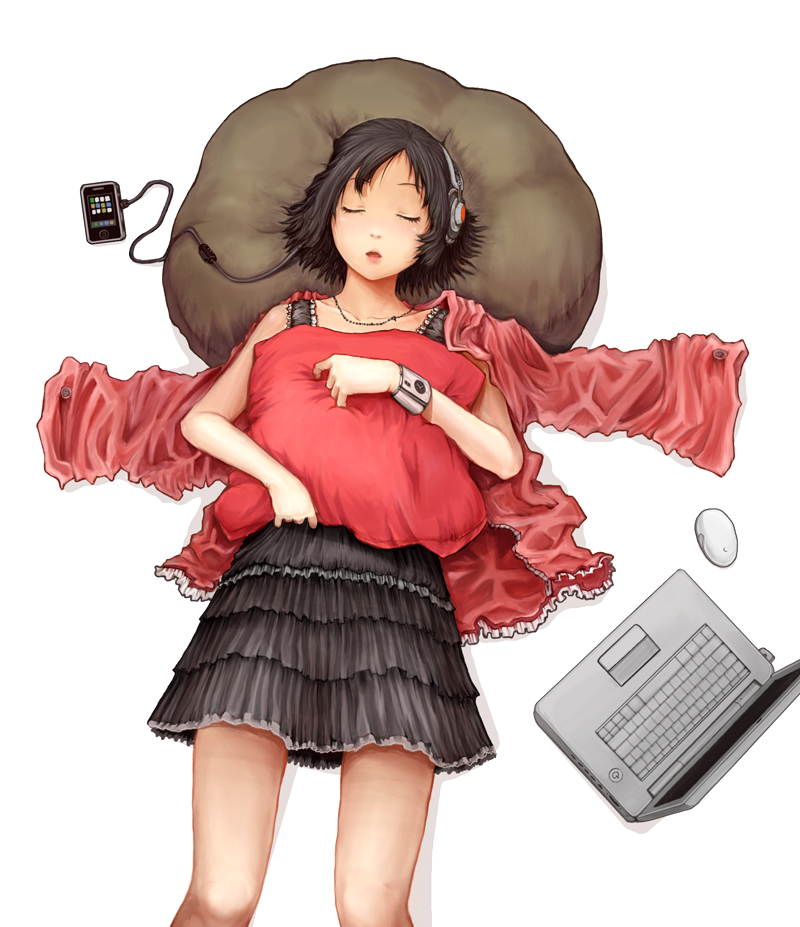 black_hair, camera, closed_eyes, computer, digital_media_player, headphones, ipod, ipod_touch