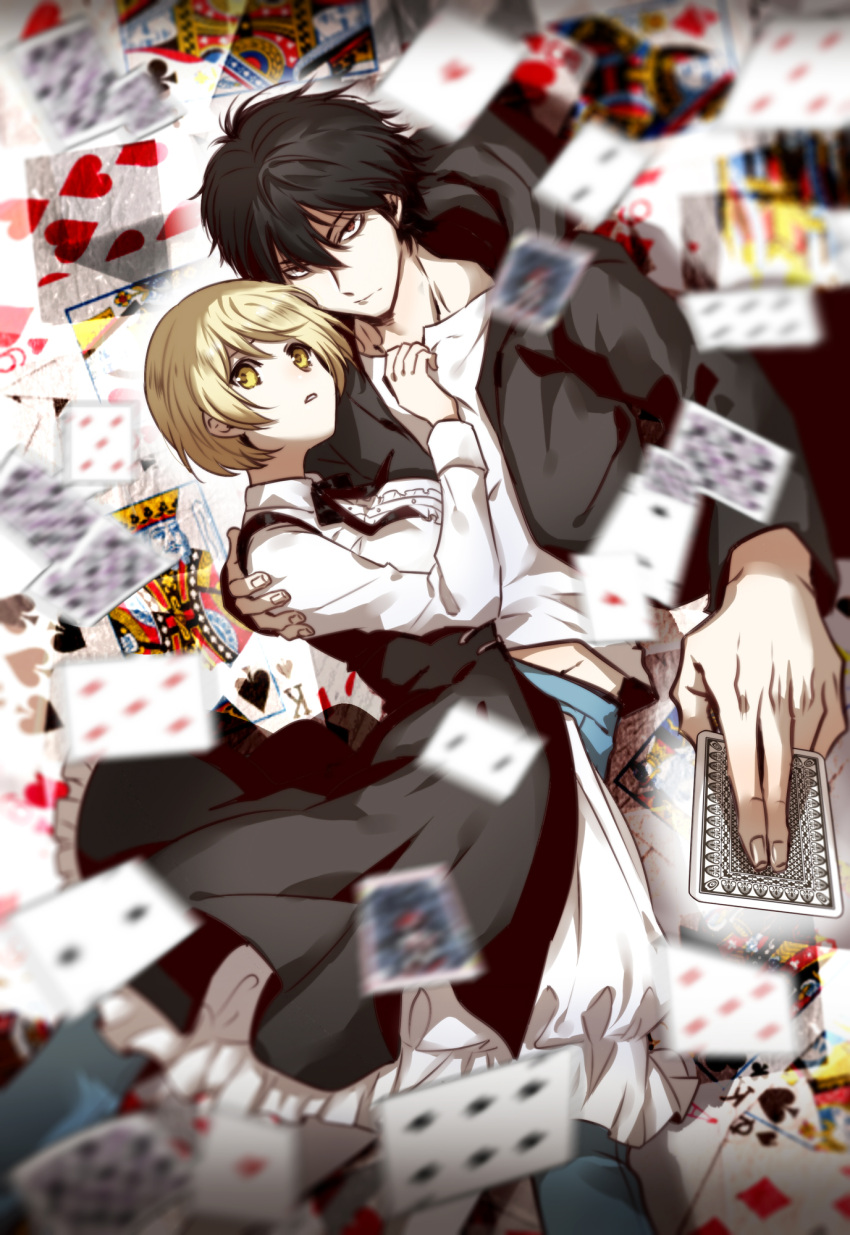 1boy, 1girl, appleruby, black_hair, black_neckwear, blonde_hair, card, commentary
