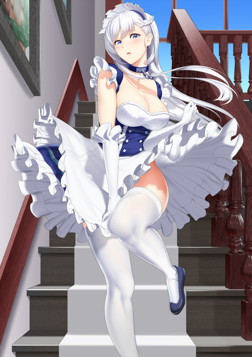 1girl, :o, apron, azur_lane, baiyin, bangs, belfast_(azur_lane), blue_eyes