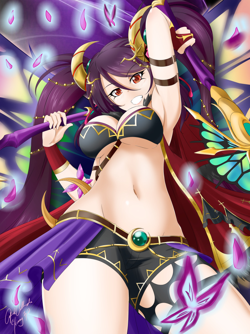 1girl, :d, absurdres, alfred_cullado, arm_strap, arm_up, armpits, bare_shoulders