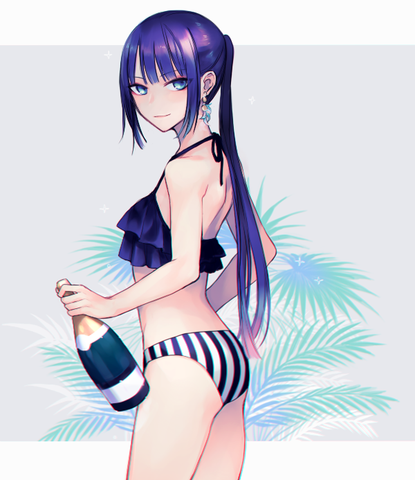 1girl, bangs, blue_bikini_top, blue_eyes, blunt_bangs, bottle, cowboy_shot, earrings