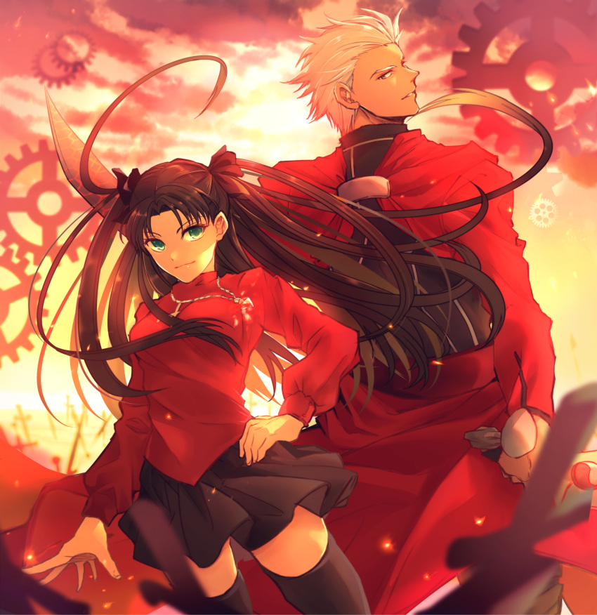 1boy, 1girl, absurdres, archer, back-to-back, black_bow, black_legwear, black_skirt