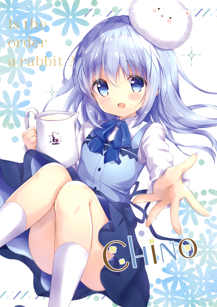 1girl, amedamacon, angora_rabbit, animal, animal_on_head, bangs, blue_bow, blue_eyes, blue_hair, blue_skirt, blue_vest, blush, bow, character_name, commentary_request, copyright_name, eyebrows_visible_through_hair, gochuumon_wa_usagi_desu_ka?, hair_between_eyes, hair_ornament, holding, holding_jug, jug, kafuu_chino, kneehighs, knees_up, long_hair, looking_at_viewer, milk, on_head, outstretched_arm, rabbit, rabbit_house_uniform, skirt, sparkle, tippy_(gochiusa), uniform, vest, waitress, white_legwear, x_hair_ornament