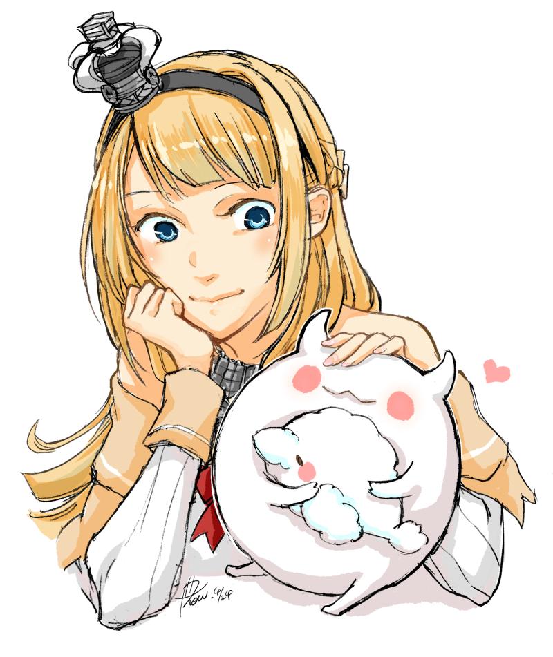 1girl, bangs, bare_shoulders, black_hairband, blonde_hair, blue_eyes, blunt_bangs, blush_stickers