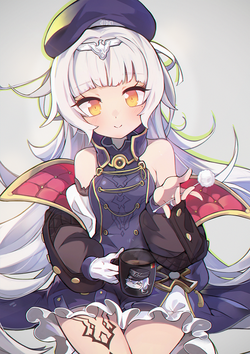 1girl, abae, azur_lane, bangs, bare_shoulders, blunt_bangs, blush, coffee, coffee_mug, commentary, cup, detached_sleeves, eyebrows_visible_through_hair, gloves, graf_zeppelin_(azur_lane), grey_background, hat, headpiece, high_collar, highres, jacket, jewelry, long_hair, military_hat, mimikaki, mole, mole_under_eye, mug, puffy_sleeves, ring, sidelocks, silver_hair, simple_background, sitting, smile, solo, tattoo, thigh_tattoo, very_long_hair, wedding_band, white_gloves, yellow_eyes, z46_(azur_lane)