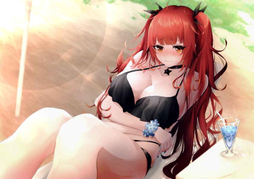 1girl, absurdres, ahoge, azur_lane, bangs, bare_shoulders, beach, beach_umbrella