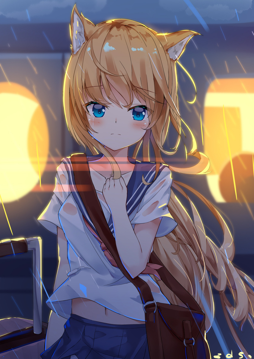 1girl, animal_ears, bag, blue_eyes, commentary_request, frown, furrowed_eyebrows, ground_vehicle
