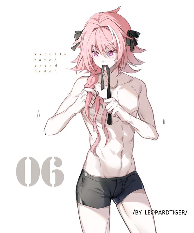 1boy, artist_name, astolfo_(fate), bishounen, black_bow, black_ribbon, bow, boxers, braid, braiding_hair, buttoning, chest, copyright_name, facing_viewer, fang, fate/apocrypha, fate_(series), hair_intakes, hair_ribbon, hairdressing, leopardtiger, long_braid, long_hair, male_focus, messy_hair, motion_lines, multicolored_hair, musical_note, no_pants, numbered, pink_hair, ribbon, shirtless, simple_background, single_braid, skin_fang, solo, streaked_hair, toned, toned_male, underwear, underwear_only, violet_eyes, white_background