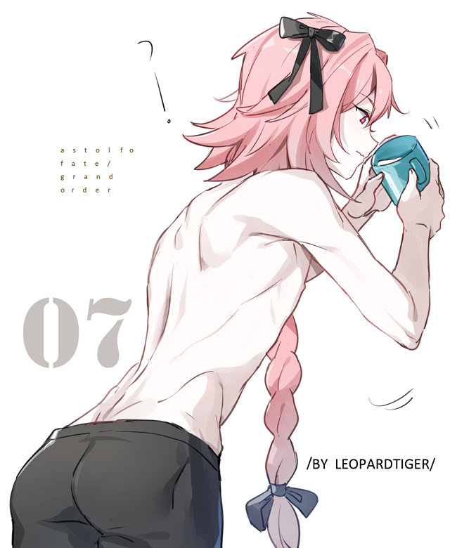 1boy, artist_name, ass, astolfo_(fate), back, bishounen, black_bow, black_ribbon