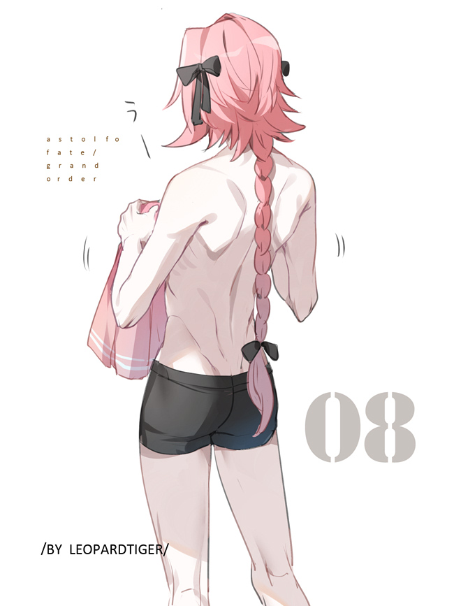 1boy, artist_name, ass, astolfo_(fate), back, bishounen, black_bow, black_ribbon, bow, boxers, braid, buttoning, copyright_name, fang, fate/apocrypha, fate_(series), from_behind, hair_intakes, hair_ribbon, holding_shirt, leopardtiger, long_braid, long_hair, male_focus, motion_lines, multicolored_hair, no_pants, numbered, pink_hair, ribbon, school_uniform, shirtless, simple_background, single_braid, skin_fang, solo, streaked_hair, toned, toned_male, underwear, underwear_only, violet_eyes, white_background