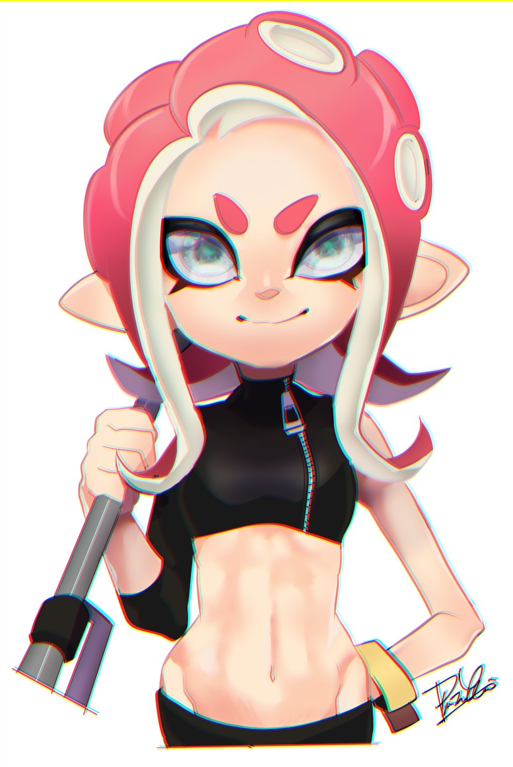 >:), 1girl, agent_8, chromatic_aberration, closed_mouth, crop_top, e-liter_4k_(splatoon), grey_eyes