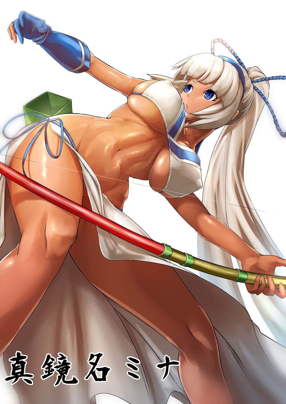 1girl, bangs, blue_eyes, blue_gloves, blunt_bangs, bow_(weapon), breasts, character_name
