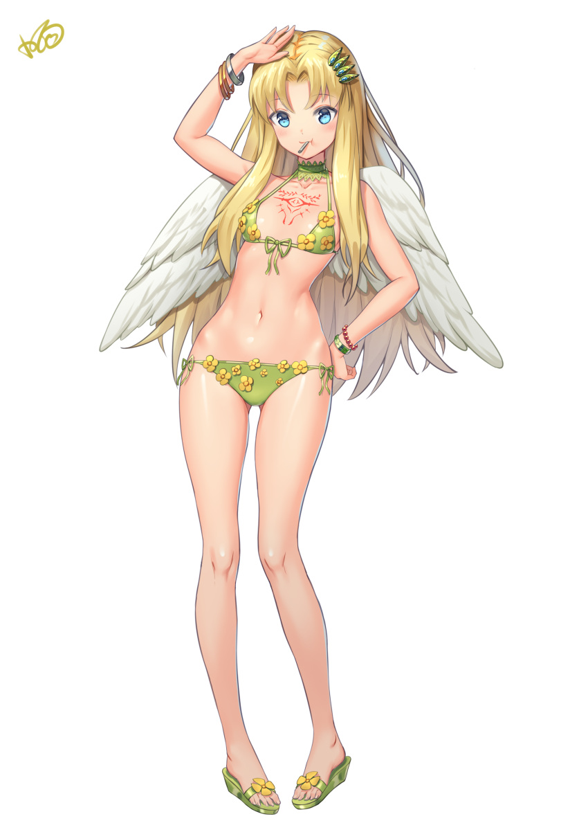 1girl, absurdres, angel_wings, arm_up, bikini, blonde_hair, blue_eyes, bracelet