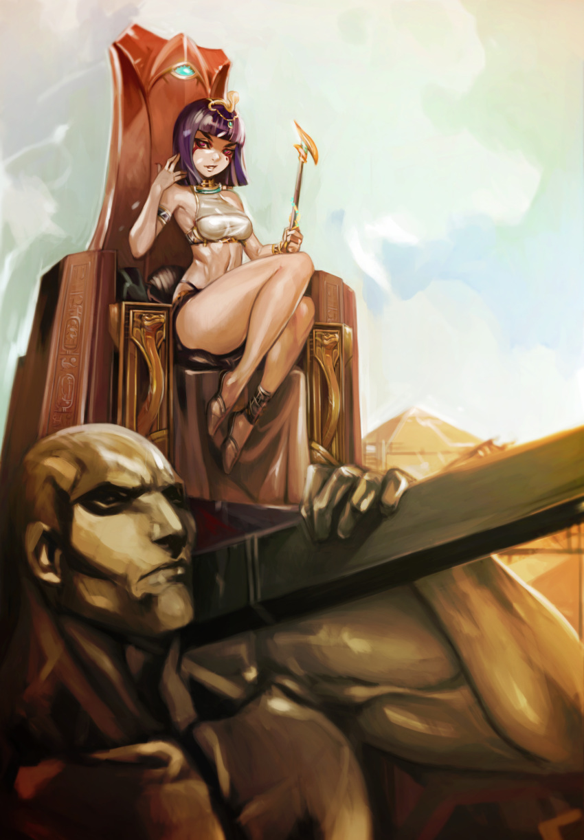 1boy, 1girl, absurdres, bare_shoulders, crown, diadem, egyptian, egyptian_clothes, filemonte, gold, headpiece, highres, jewelry, looking_at_viewer, midriff, mitos_y_leyendas, mole, navel, purple_hair, pyramid, red_eyes, royal, sandals, scepter, short_hair, sitting, sky, thick_thighs, thighs, throne, white_skin