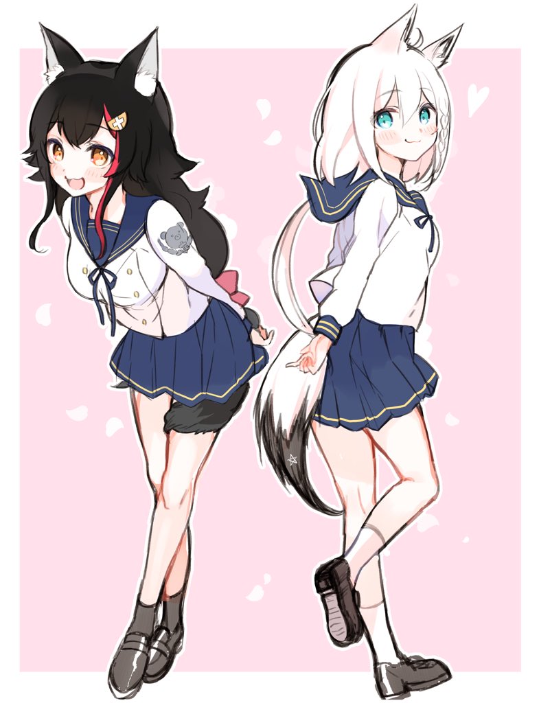:3, :d, animal_ears, aqua_eyes, black_hair, braid, fox_ears, fox_tail