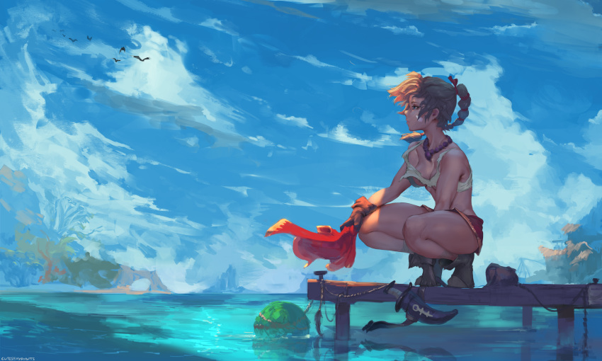 1girl, absurdres, bird, blue_eyes, braid, breasts, brown_hair, chrono_cross