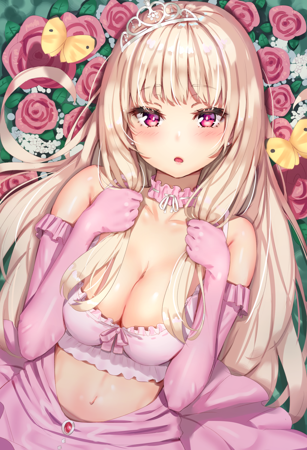 1girl, :o, anvel, bangs, blonde_hair, blush, bra, breasts