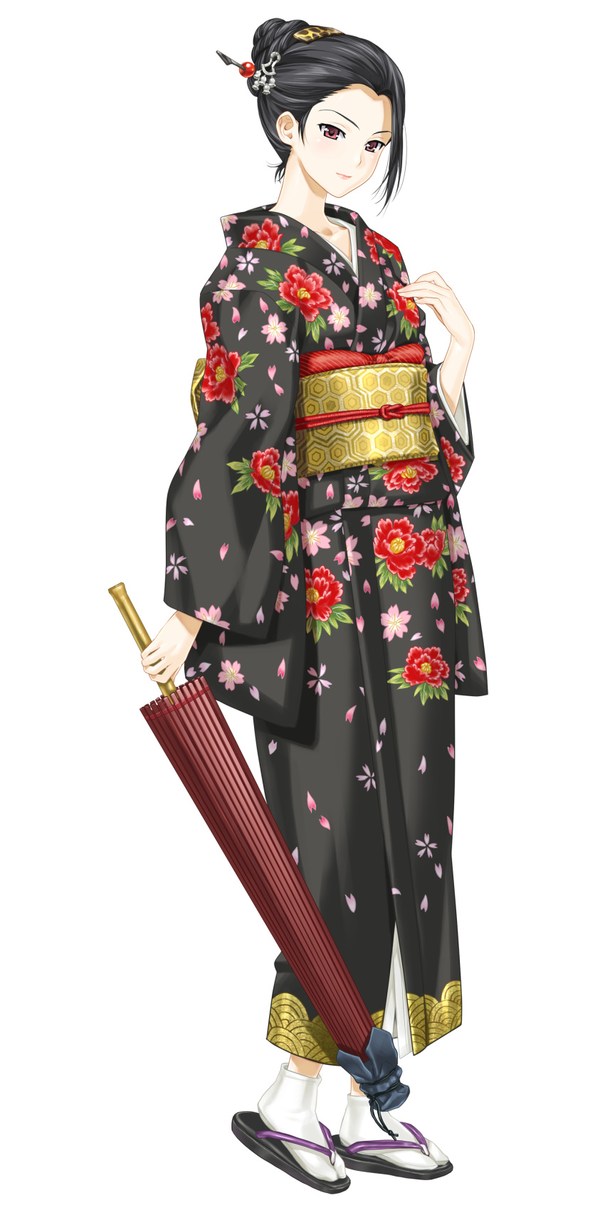 1girl, black_hair, closed_mouth, daimonji_saki, female, full_body, hair_ornament, hair_up