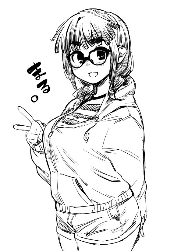 1girl, bangs, blush, eyebrows_visible_through_hair, fukumaaya, glasses, greyscale, hood