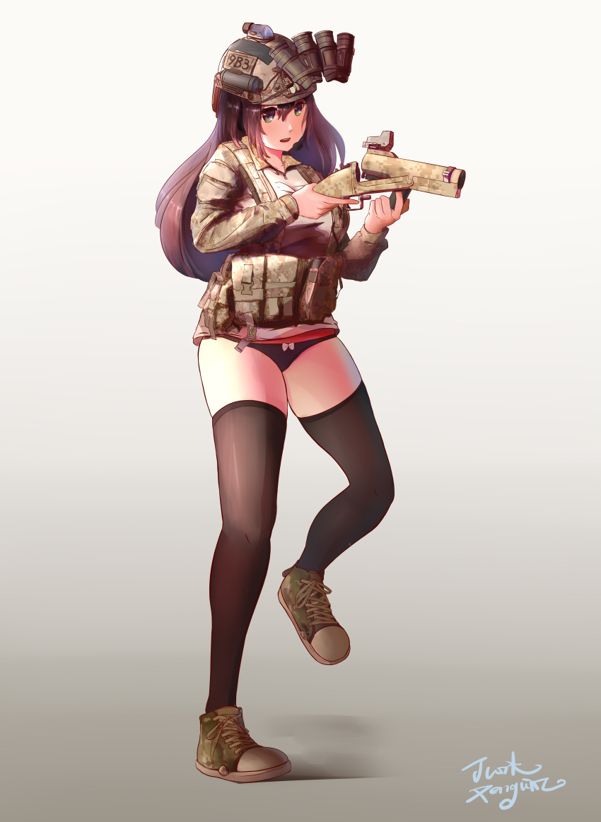 1girl, absurdres, black_hair, black_panties, camouflage, commentary, english_commentary, full_body