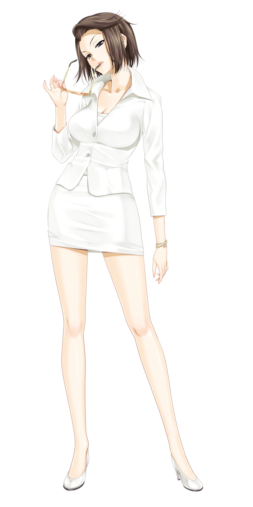 1girl, bare_legs, black_eyes, blazer, bracelet, breasts, brown_hair, buttons