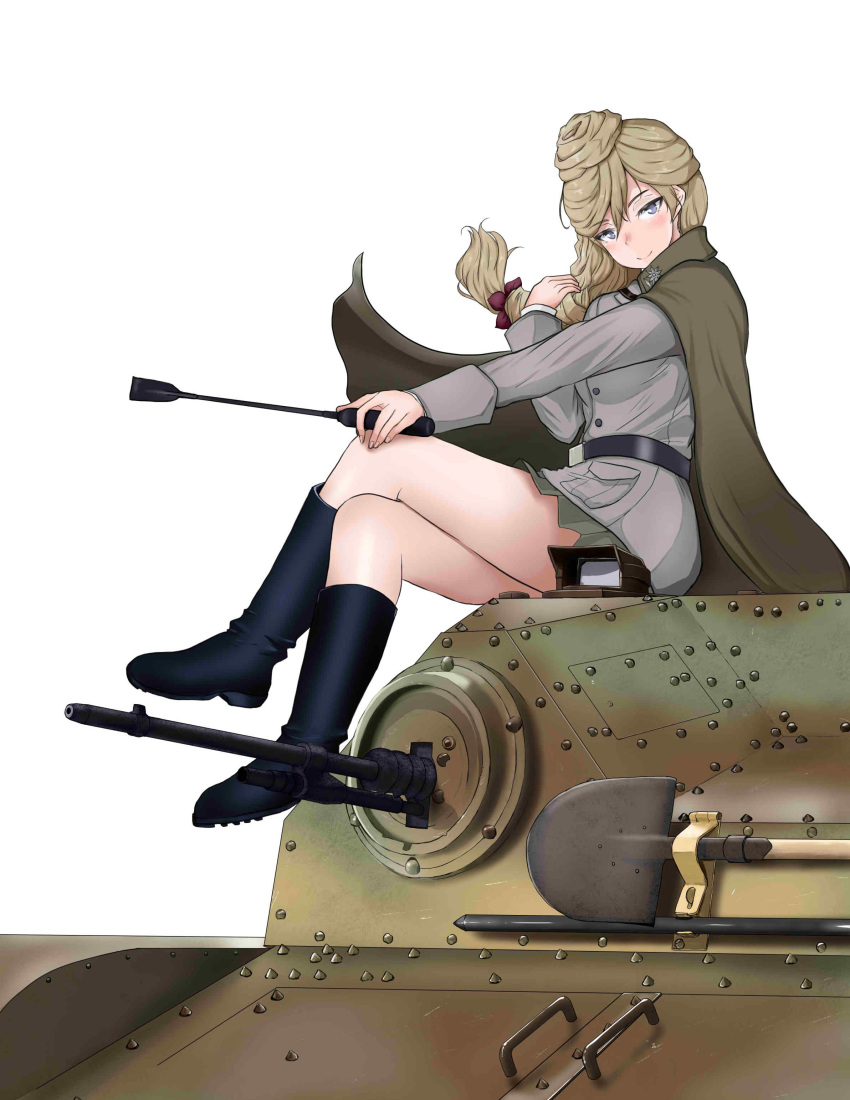 1girl, absurdres, belt, black_belt, black_footwear, blonde_hair, blue_eyes, blush, bonple_military_uniform, boots, braid, brown_cape, brown_jacket, brown_ribbon, brown_skirt, cape, closed_mouth, commentary_request, eyebrows_visible_through_hair, from_side, girls_und_panzer, girls_und_panzer_ribbon_no_musha, ground_vehicle, hair_bun, hair_over_shoulder, hair_ribbon, head_tilt, highres, holding, insignia, jacket, jajka_(girls_und_panzer), knee_boots, legs_crossed, long_hair, long_sleeves, looking_at_viewer, military, military_uniform, military_vehicle, miniskirt, motor_vehicle, pleated_skirt, ribbon, riding_crop, shichisaburo, shovel, simple_background, single_braid, sitting, skirt, smile, solo, tank, uniform, vehicle_request, white_background