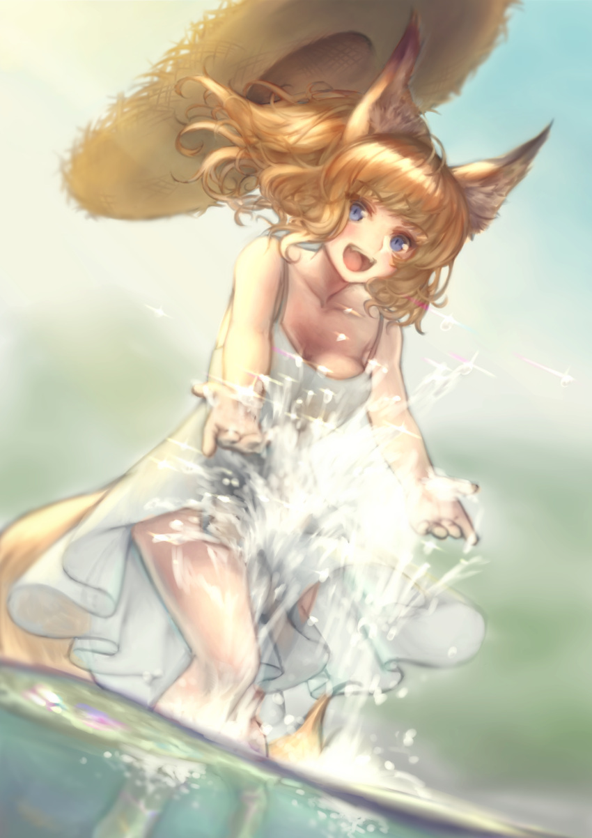 1girl, :d, absurdres, animal_ear_fluff, animal_ears, bare_legs, blonde_hair, blue_eyes