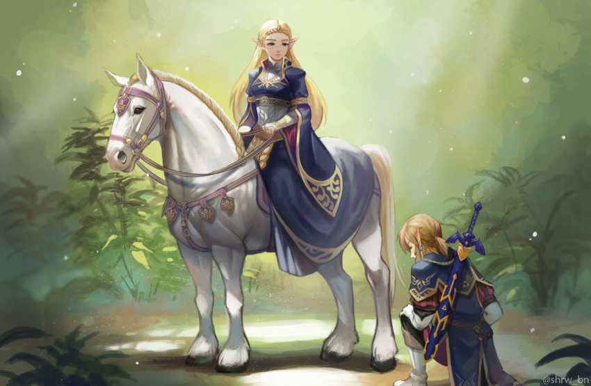 1boy, 1girl, animal, armor, blonde_hair, blue_dress, dress, horse