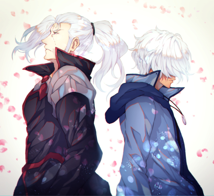 2boys, arms_at_sides, blue_scarf, brooch, facing_away, father_and_son, garo_(series), hair_over_eyes