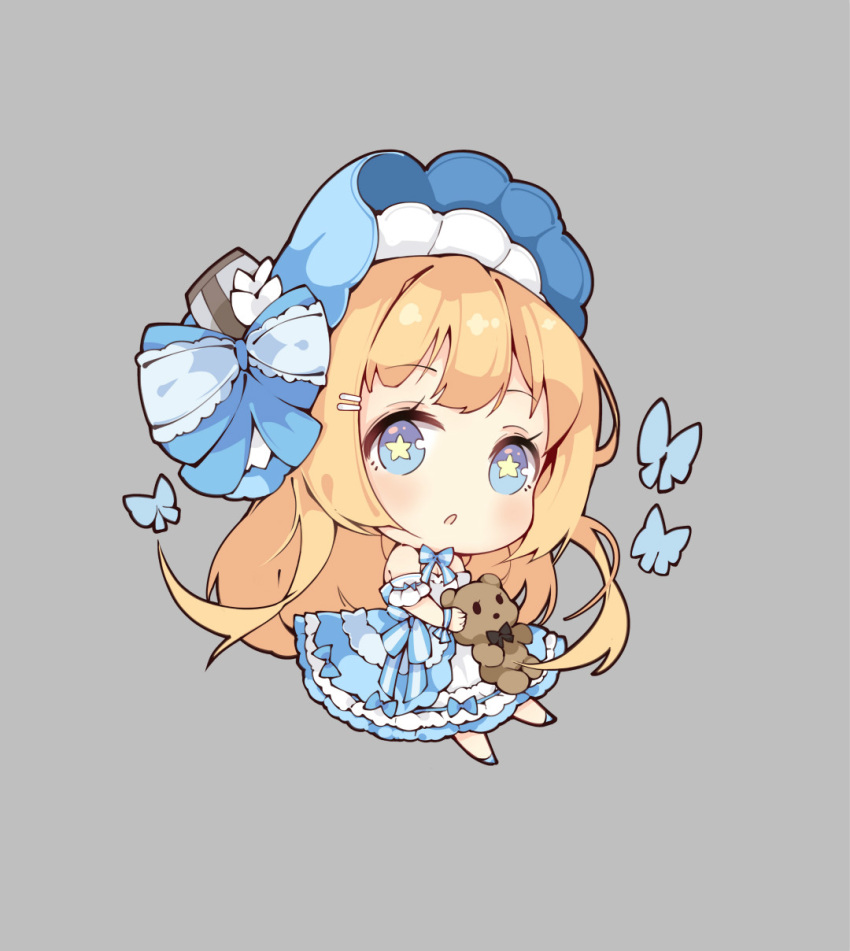 blonde_hair, blue_eyes, bug, butterfly, chibi, hair_ornament, hairpin, hat