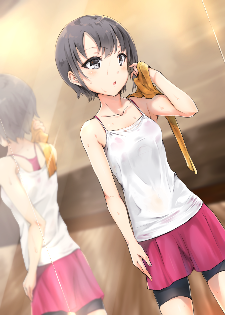 1girl, bike_shorts, black_eyes, black_hair, bralines, commentary_request, highres, idolmaster