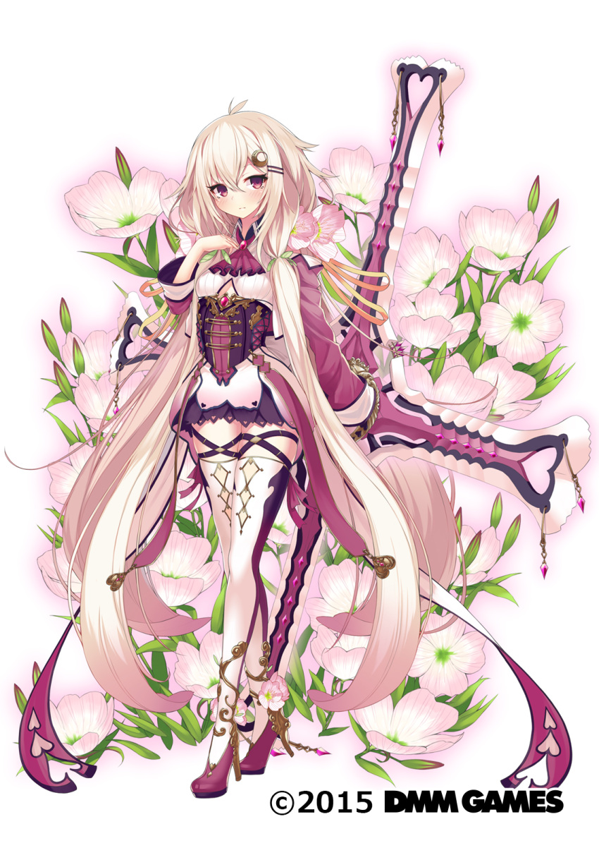 1girl, blush, copyright_name, crescent, crescent_hair_ornament, dmm, eyes_visible_through_hair, floral_background
