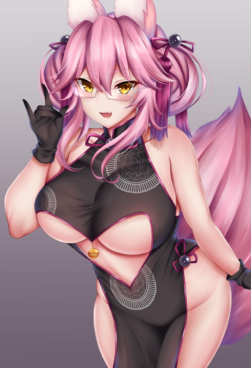 1girl, animal_ears, bangs, bare_shoulders, black_dress, black_gloves, blush, breasts