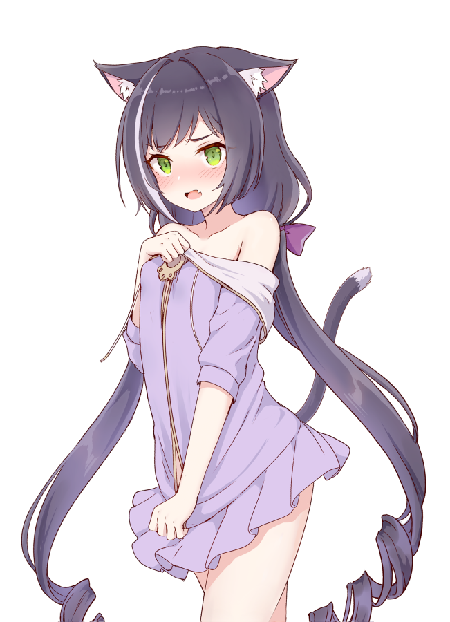 1girl, animal_ear_fluff, animal_ears, bare_legs, bare_shoulders, black_hair, blush, bow