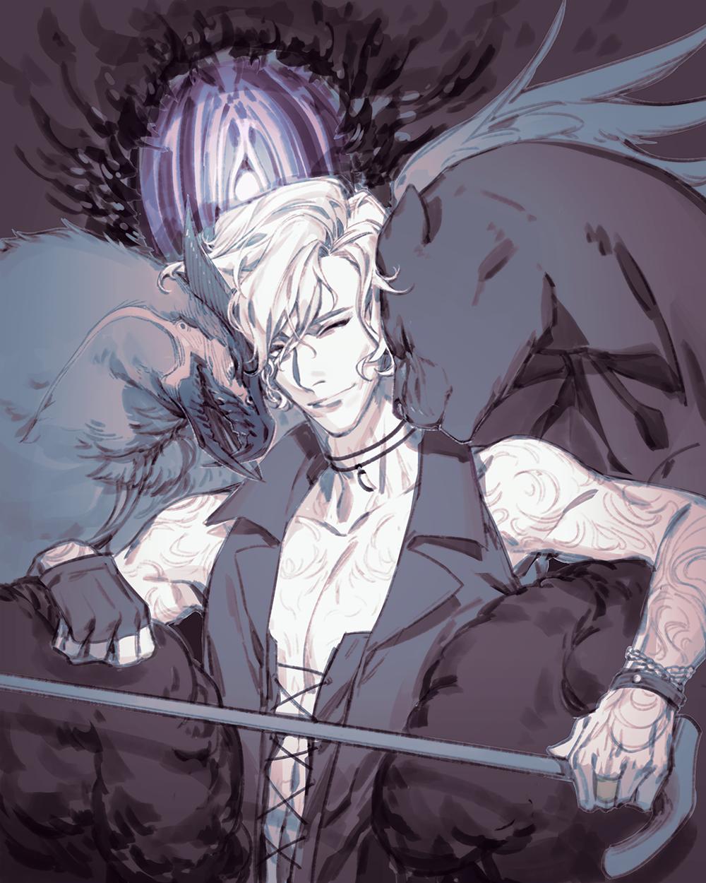 1boy, arm_tattoo, bare_shoulders, beak, bird, black_gloves, bracelet, cane, closed_eyes, collarbone, devil_may_cry, devil_may_cry_5, devil_trigger, fingerless_gloves, for_dying_light, full_body_tattoo, gloves, griffon_(devil_may_cry_5), hand_tattoo, highres, holding, holding_cane, jewelry, male_focus, necklace, nightmare_(devil_may_cry), one_eye_closed, panther, ring, shadow_(devil_may_cry_5), smile, tattoo, tooth_necklace, white_hair