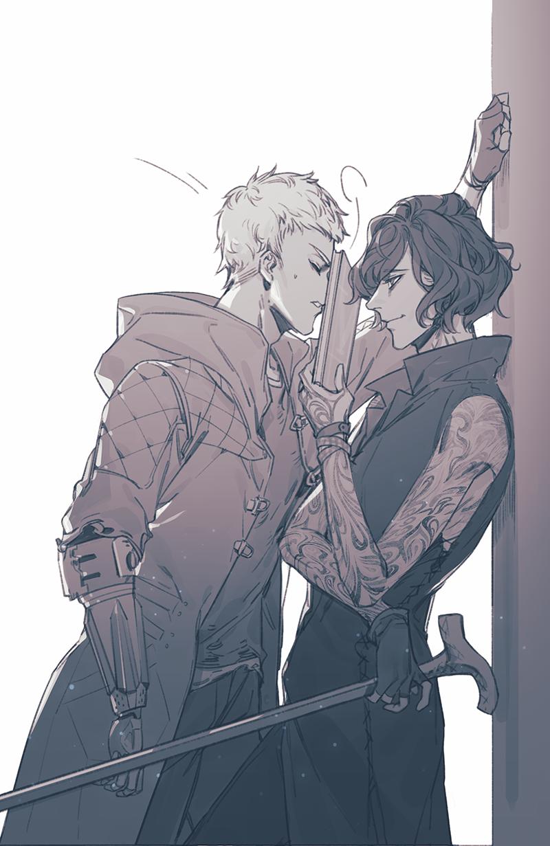2boys, arm_tattoo, bare_shoulders, black_coat, black_gloves, black_hair, book, bracelet