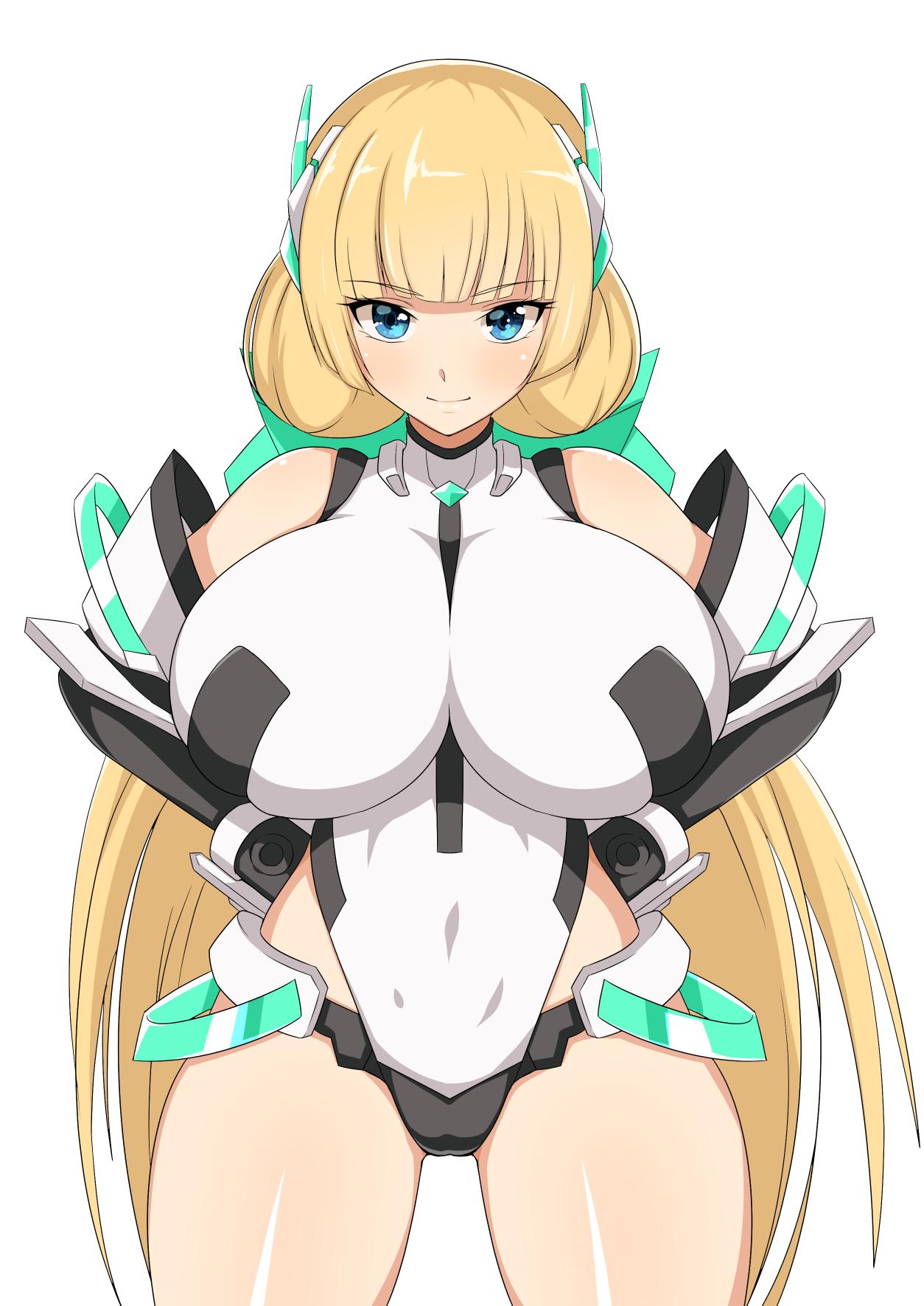1girl, angela_balzac, black_gloves, blonde_hair, blush, breasts, commentary_request, deva_battle_suit