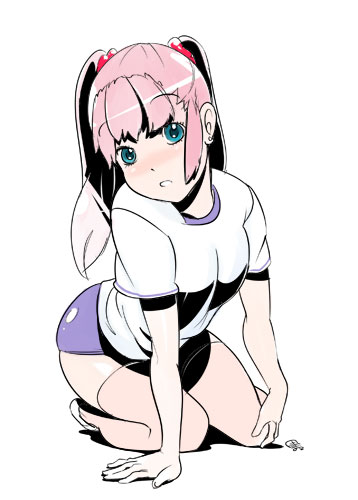 buruma, curvy, hair_ornament, lowres, pink_hair, qiqo, solo, thigh-highs
