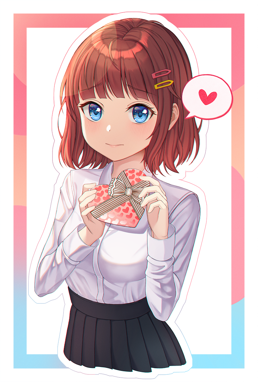 1girl, black_skirt, blue_eyes, blush, box, breasts, brown_hair, closed_mouth
