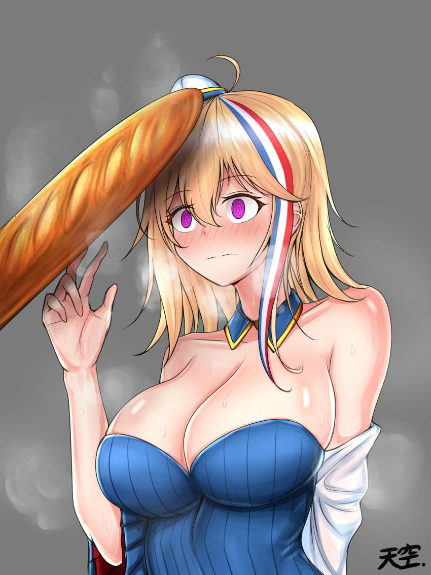 1girl, @_@, ahoge, baguette, bangs, blonde_hair, blue_hair, blush, bread, breasts, chauchat_(girls_frontline), cleavage, closed_mouth, detached_collar, dress, drooling, eyebrows_visible_through_hair, food, girls_frontline, gradient, gradient_background, hand_up, hat, highres, large_breasts, mini_hat, off_shoulder, ribbed_dress, sidelocks, signature, simple_background, sweat, tiankong, upper_body
