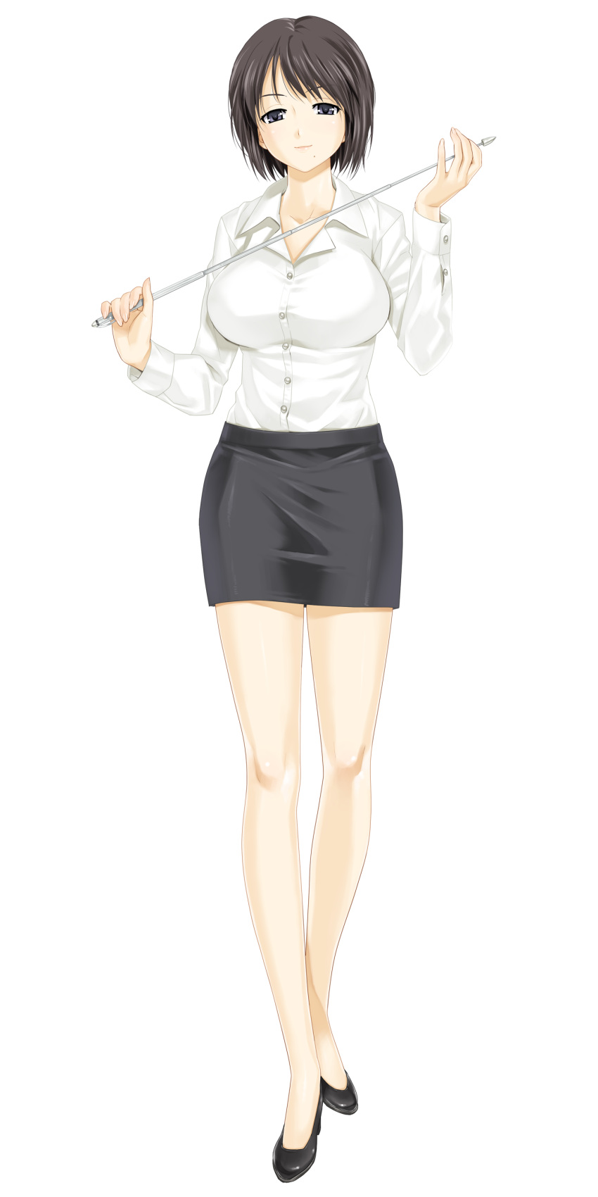 1girl, black_footwear, black_hair, black_shoes, blue_eyes, breasts, buttons, closed_mouth