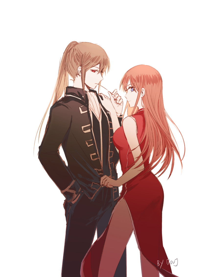1boy, 1girl, absurdres, artist_name, black_pants, blue_eyes, brown_hair, china_dress