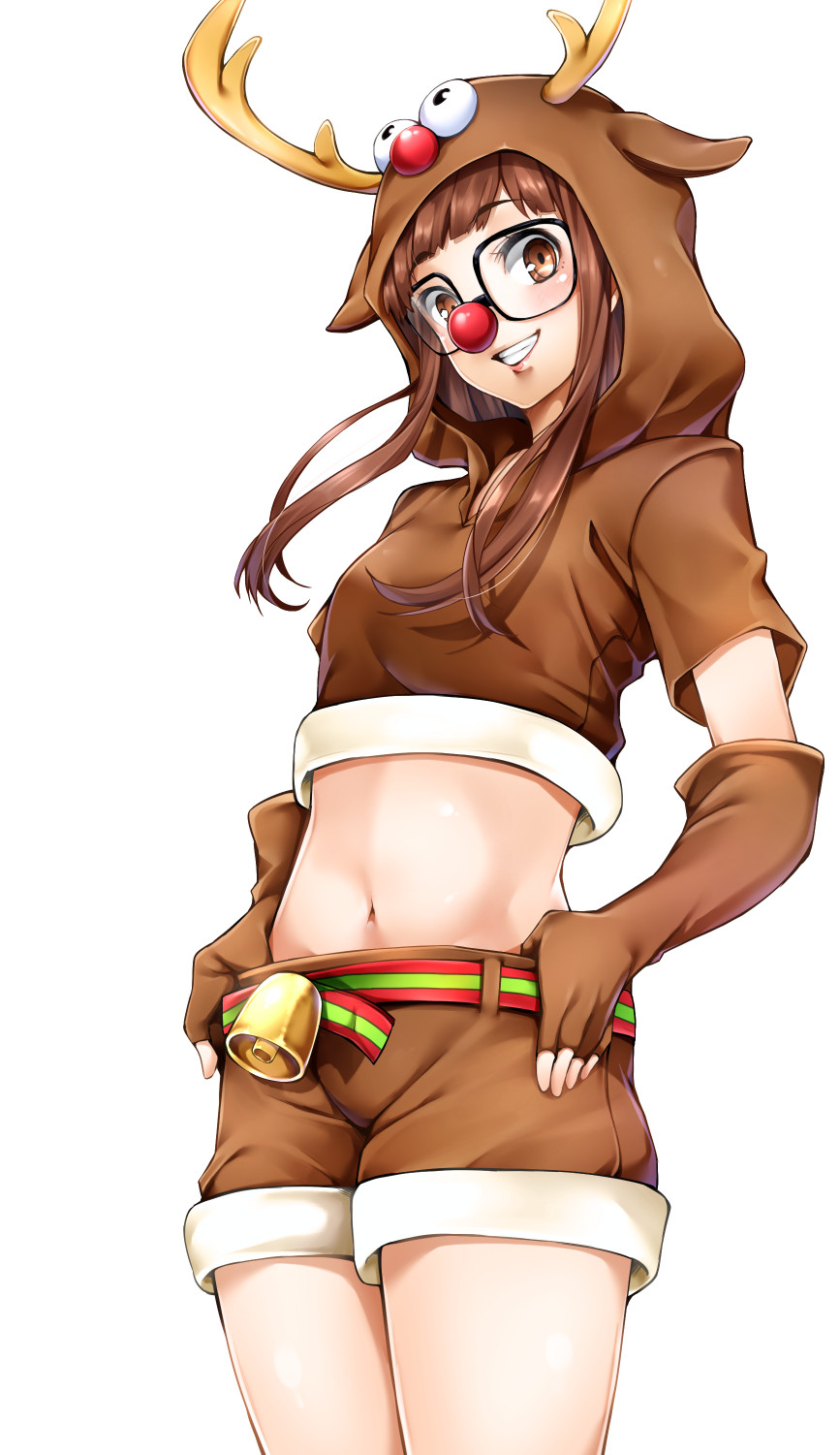 1girl, antlers, bell, belt, black-framed_eyewear, brown_eyes, brown_gloves, brown_hair