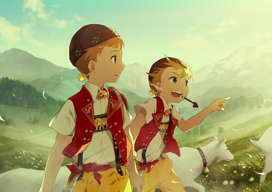 2boys, animal, arm_grab, blonde_hair, blue_eyes, brown_eyes, brown_headwear, clouds