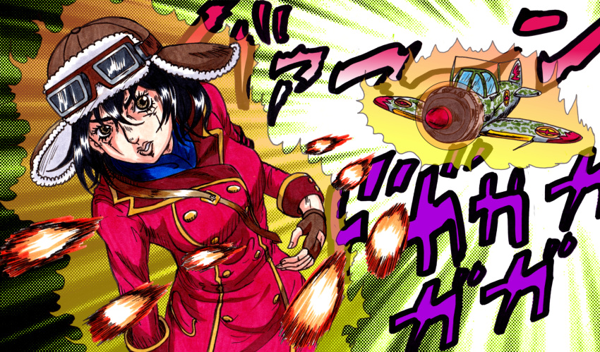 1girl, aircraft, airplane, araki_hirohiko_(style), black_hair, blue_scarf, brown_eyes, brown_gloves
