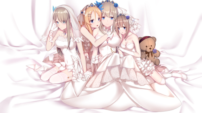 4girls, bare_shoulders, blonde_hair, blue_eyes, breasts, bridal_veil, bride, dress