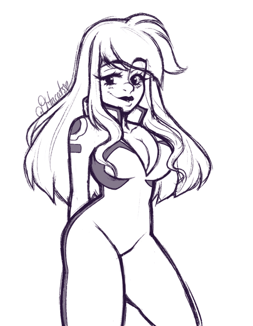 billy_(custom_robo), bodysuit, custom_robo, female, long_hair, monochrome, octacats, smiling