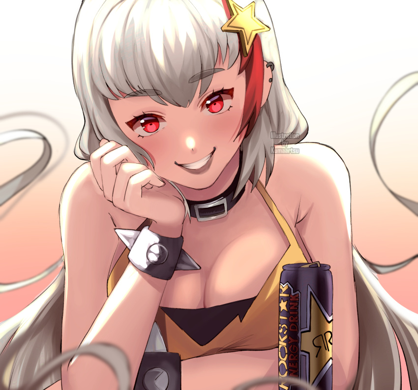 1girl, absurdres, artist_name, bangs, bare_shoulders, bracelet, breasts, can, cleavage, collar, ear_piercing, eyebrows_visible_through_hair, gradient, gradient_background, grey_hair, hair_ornament, highres, jewelry, kumaartsu, large_breasts, long_hair, looking_at_viewer, multicolored_hair, original, personification, piercing, red_eyes, redhead, rockstar_(energy_drink), sleeveless, smile, solo, spiked_bracelet, spikes, star, star_hair_ornament, streaked_hair, teeth, upper_body, watermark