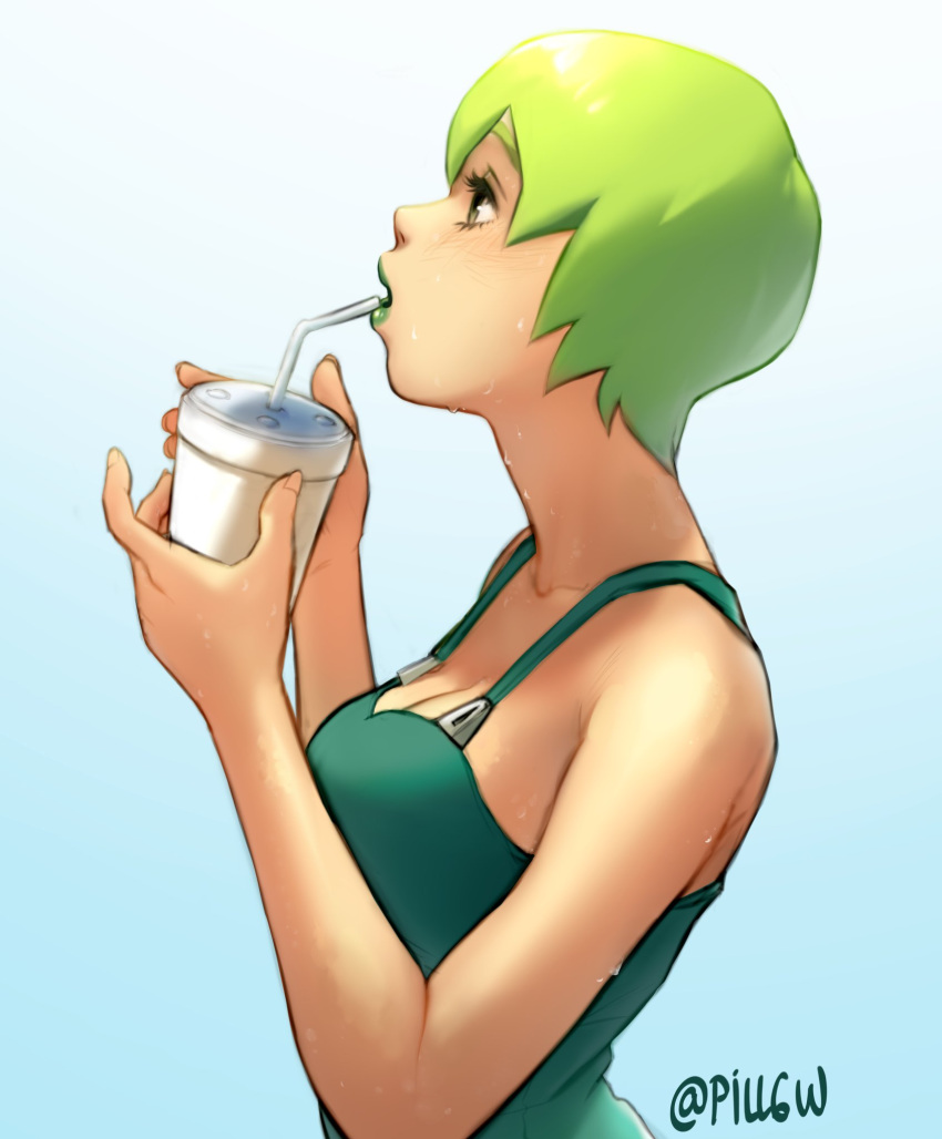 1girl, artist_name, bare_shoulders, breasts, cleavage, drink, drinking_straw, foo_fighters