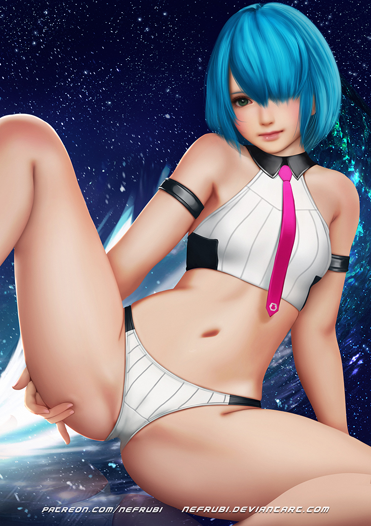 1girl, arm_strap, bikini_bottom, blue_hair, breasts, closed_mouth, dead_or_alive, dead_or_alive_6, green_eyes, hair_over_one_eye, lips, looking_at_viewer, necktie, nefrubi, nico_(doa), patreon_username, reflection, short_hair, sleeveless, small_breasts, solo, spread_legs, star, starry_background, watermark, web_address